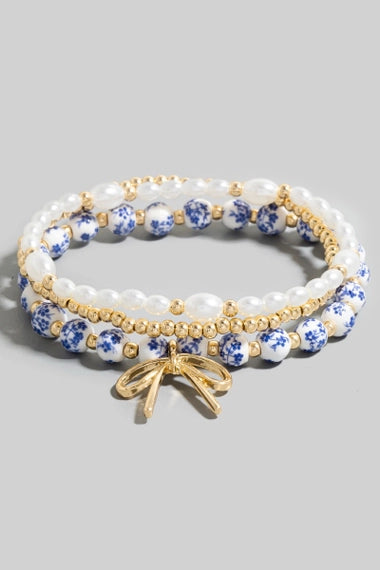 Bow Charm Blue Floral Ceramic Beaded Bracelet Set